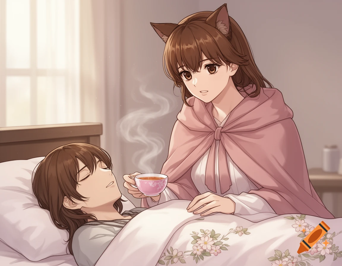 Anime-style woman with cat ears offers a steaming cup of tea to a person sleeping in bed, a cozy scene.