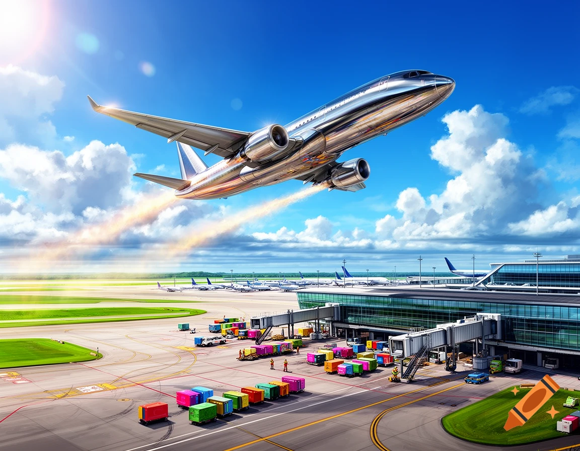A stylized drawing of a shiny silver airplane taking off from a bustling airport under a bright blue sky, with colorful cargo containers on the tarmac.