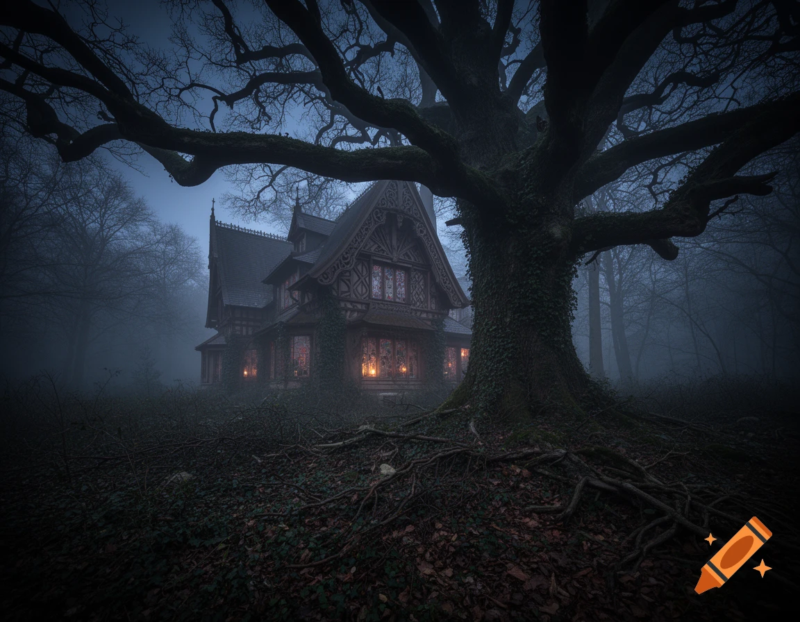 A mysterious gothic house with glowing windows stands next to a huge gnarled oak tree in a dark, foggy forest at dusk.