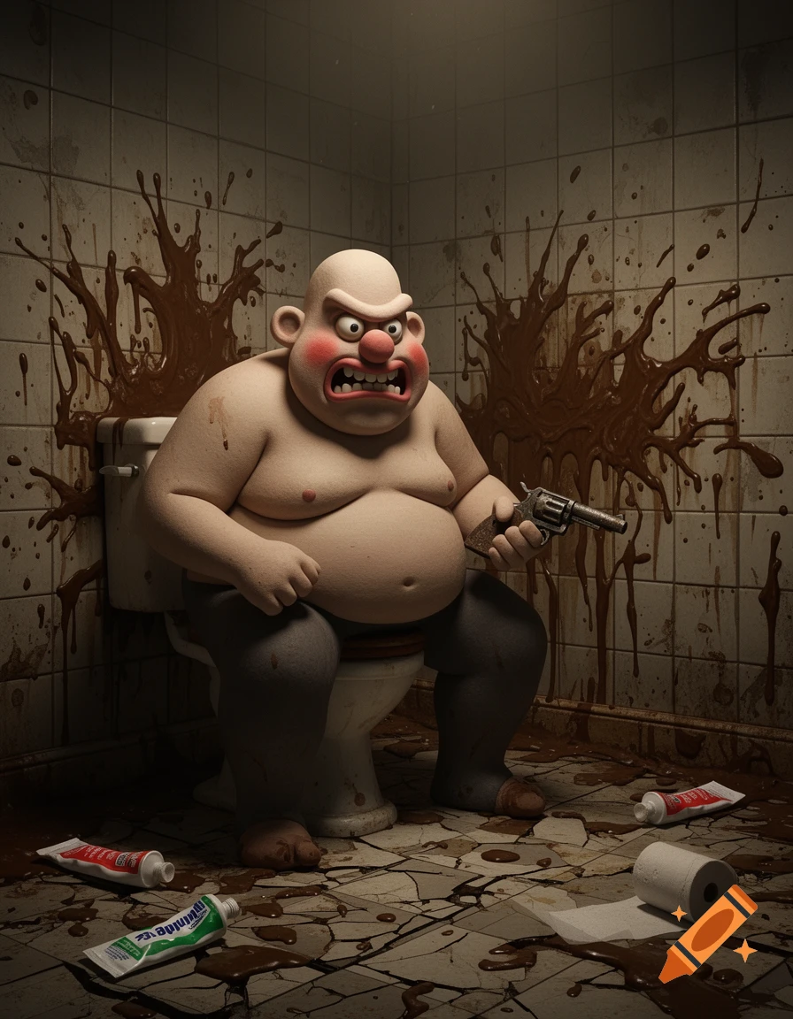 A grotesque, angry, overweight cartoon man sits on a toilet in a filthy bathroom, holding a revolver, amidst brown sludge and broken tiles.