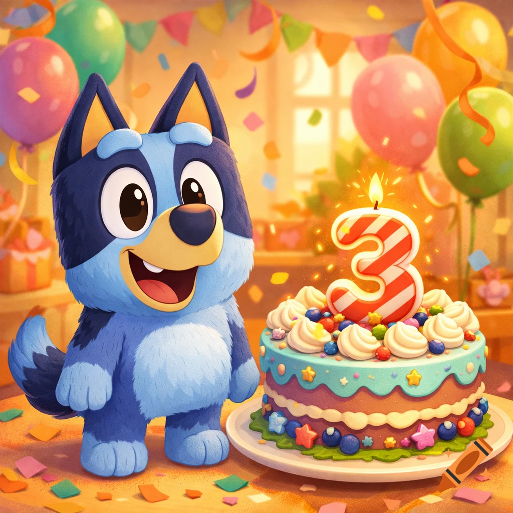 Cartoon Bluey stands next to a birthday cake with a lit number 3 candle, surrounded by balloons and confetti.