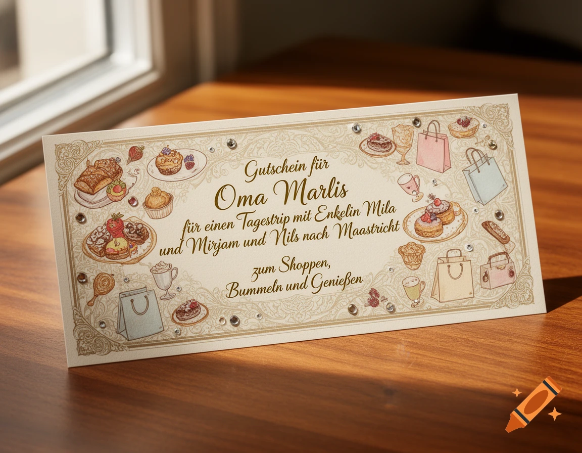 Decorative German gift voucher for Oma Marlis' trip to Maastricht, with illustrations of pastries and shopping bags, on a wooden table.