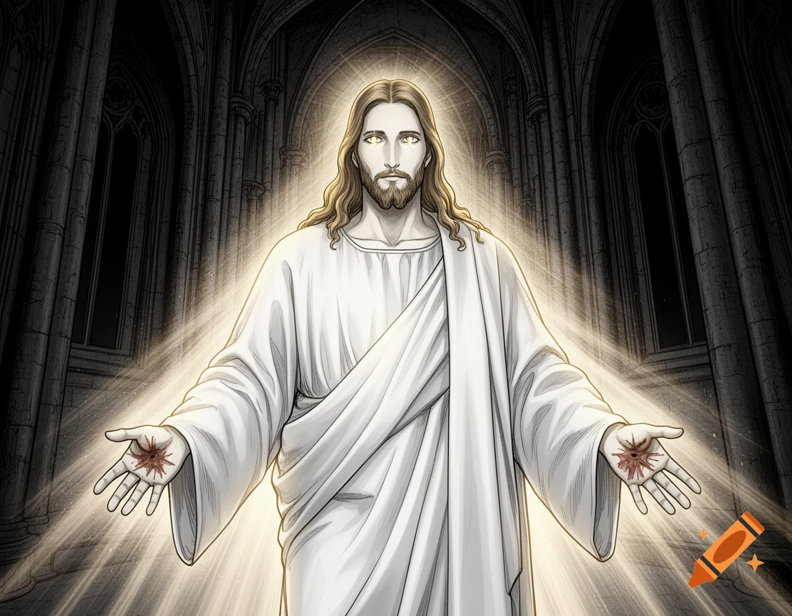 Jesus Christ with outstretched arms and glowing stigmata, emanating light in a dark cathedral, in a dramatic illustration style.
