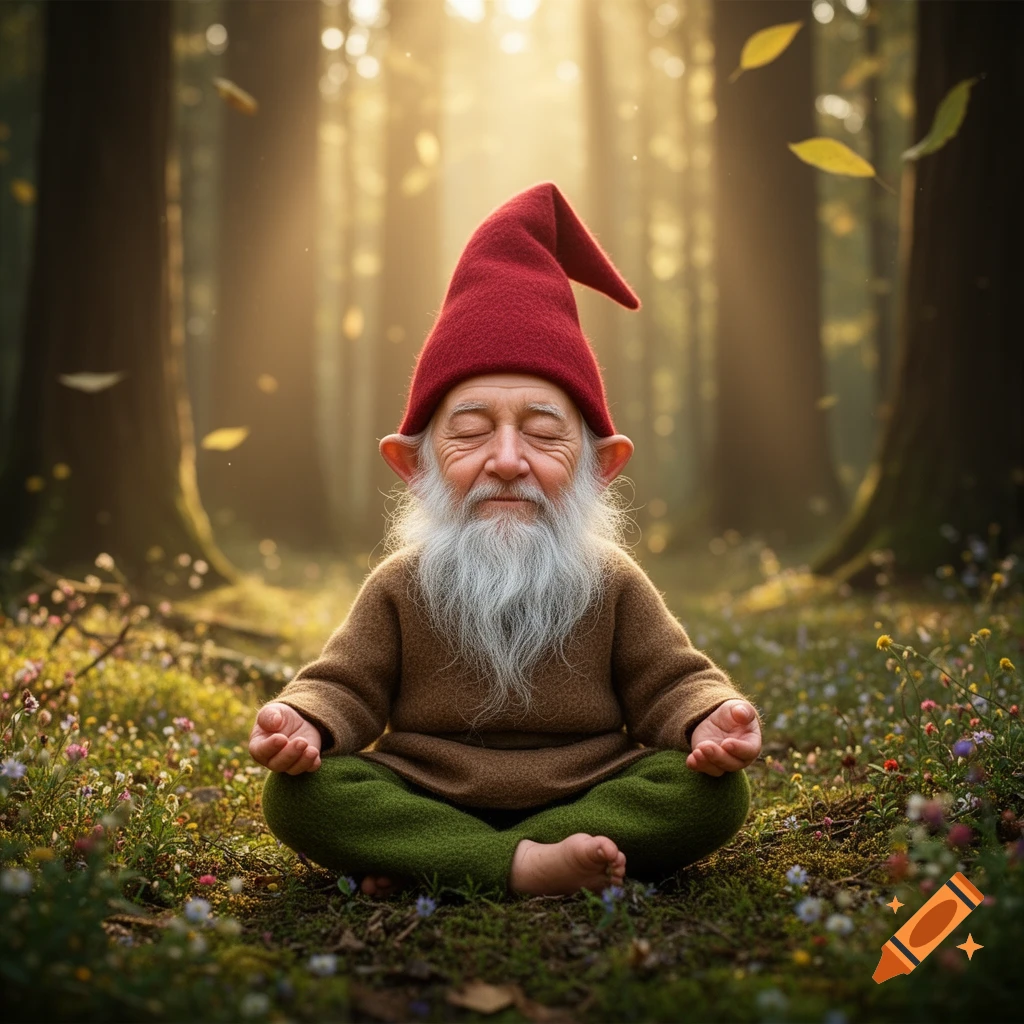 A wise-looking gnome with a long white beard and red hat meditates in the lotus position on a sunlit forest floor amidst wildflowers.