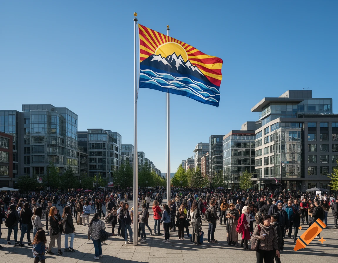 A large crowd gathers in a sunny city square with modern buildings, overlooked by a flag featuring a sun, mountains, and waves.
