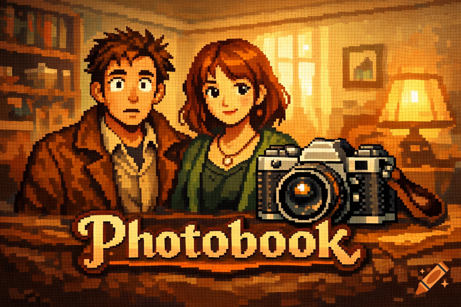 Pixel art title screen featuring a man and a woman behind a camera, with the text 'Photobook' in the foreground.