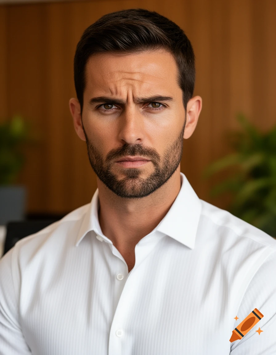 Photorealistic portrait of a serious man with dark hair and a beard in ...