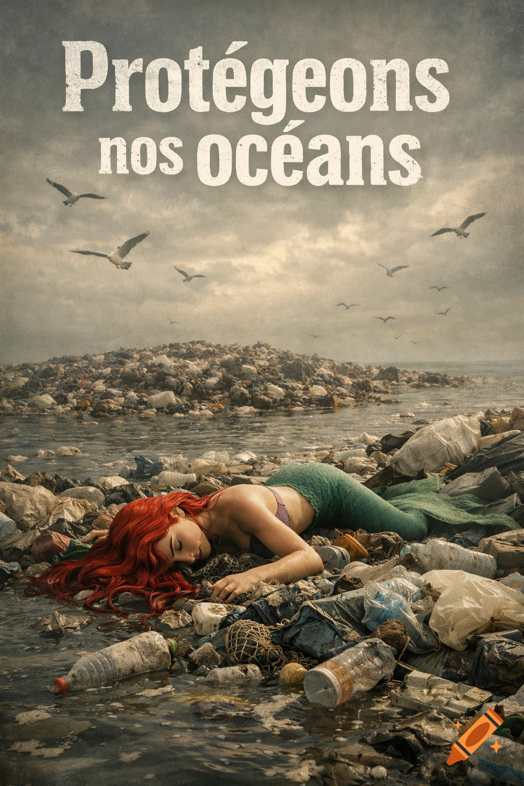 Ariel, the Little Mermaid, lies on a shore covered in trash, with a large garbage island behind her. Text: "Protégeons nos océans".
