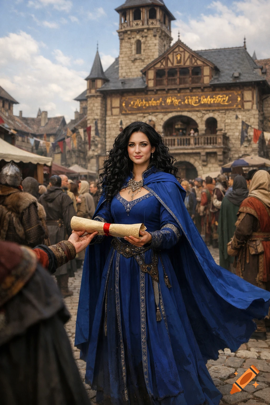 A woman in a blue robe and cloak receives a scroll in a medieval town ...