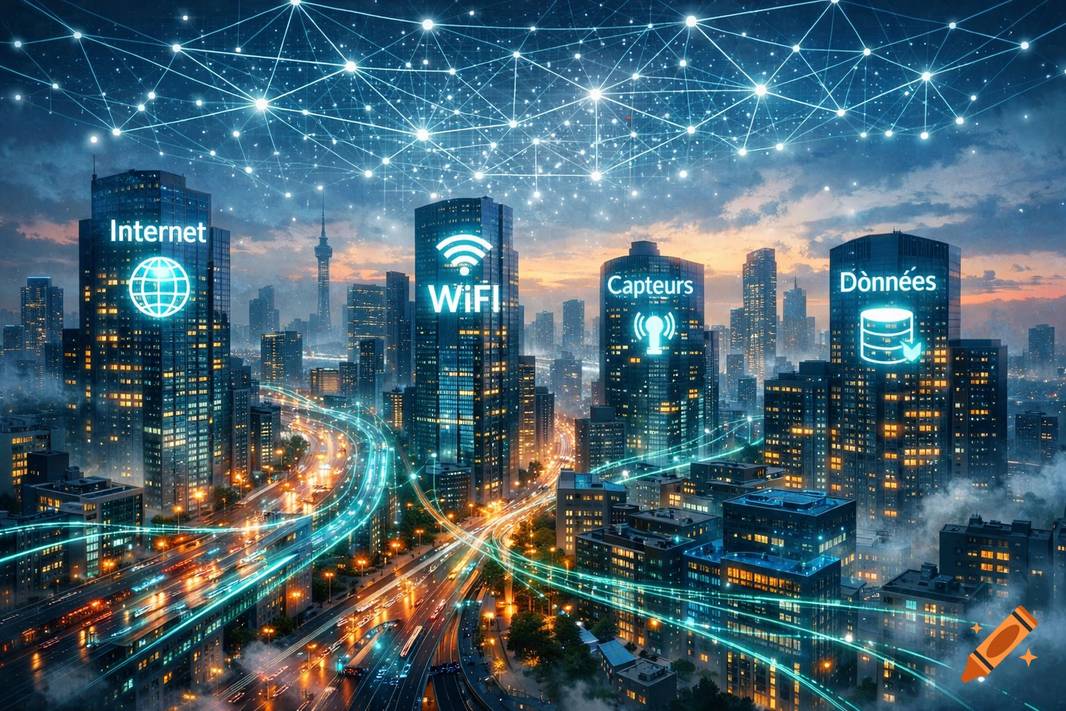 Aerial view of a futuristic smart city at dusk, with glowing network ...