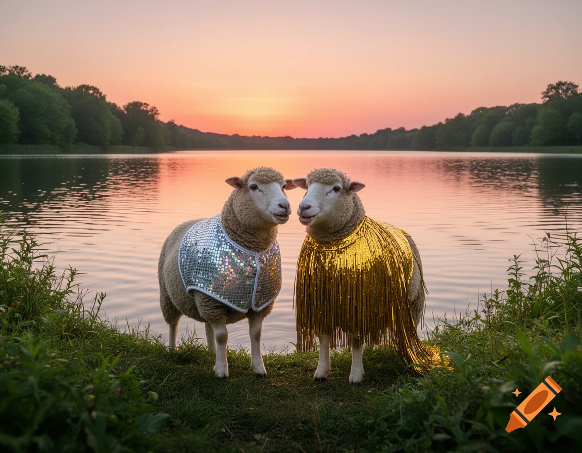 Two sheep in shiny disco costumes standing by a lake at sunset.