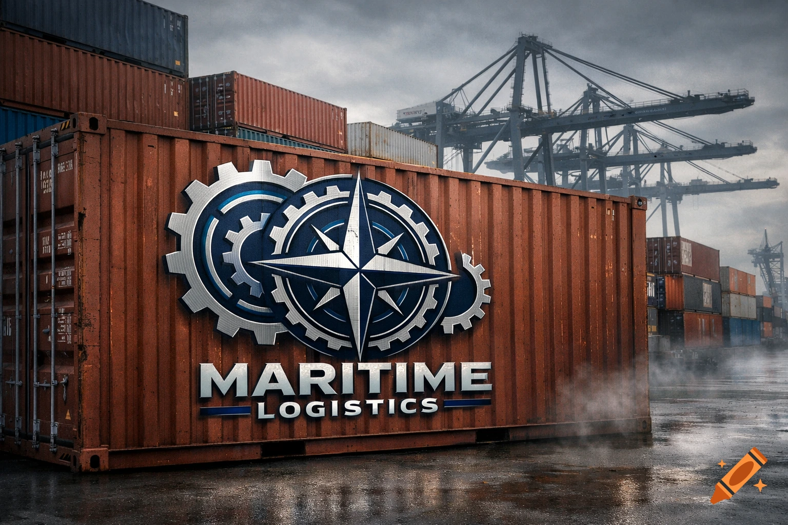 Photorealistic image of a shipping container with a 'MARITIME LOGISTICS' logo, surrounded by other containers and port cranes under a cloudy sky.