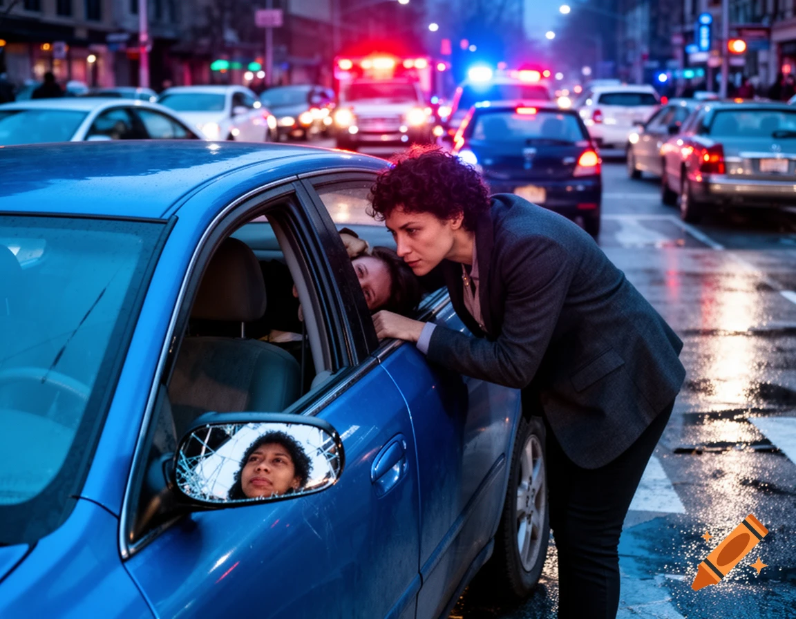 A woman checks on a person inside a blue car on a wet city street with emergency lights. A reflection is in the cracked mirror.