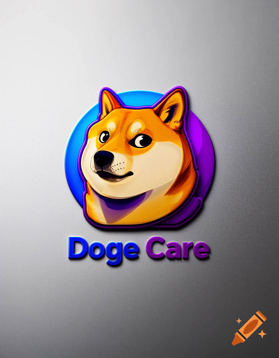 A colorful 3D logo of a stylized doge head in a blue and purple circle, with 'Doge Care' text below on a gray background.