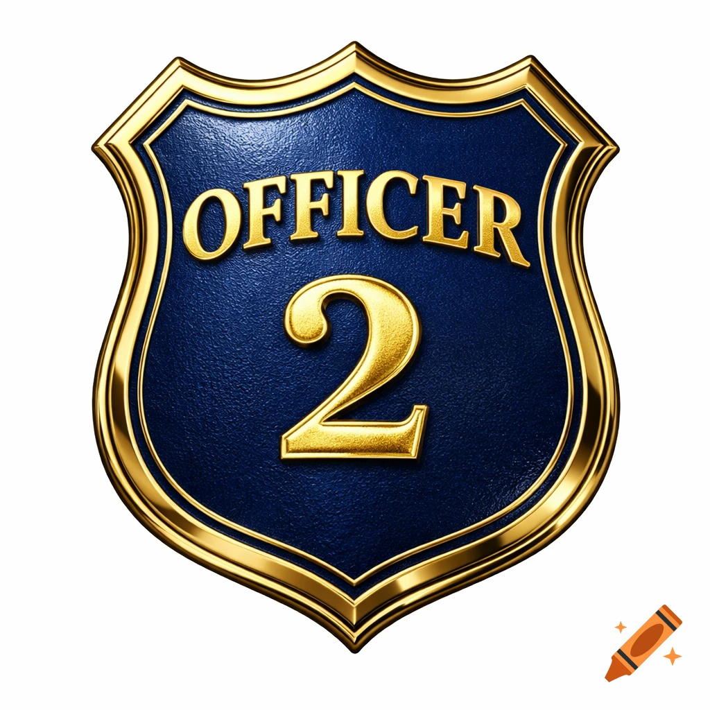 A navy blue shield-shaped police badge with a shiny gold border and gold text reading "OFFICER 2".
