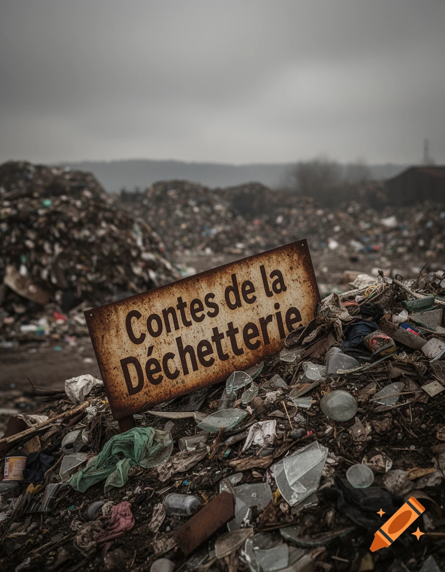 Photorealistic image of a rusty sign 'Contes de la Déchetterie' (Tales of the Landfill) in a gloomy landfill with piles of waste and broken glass.