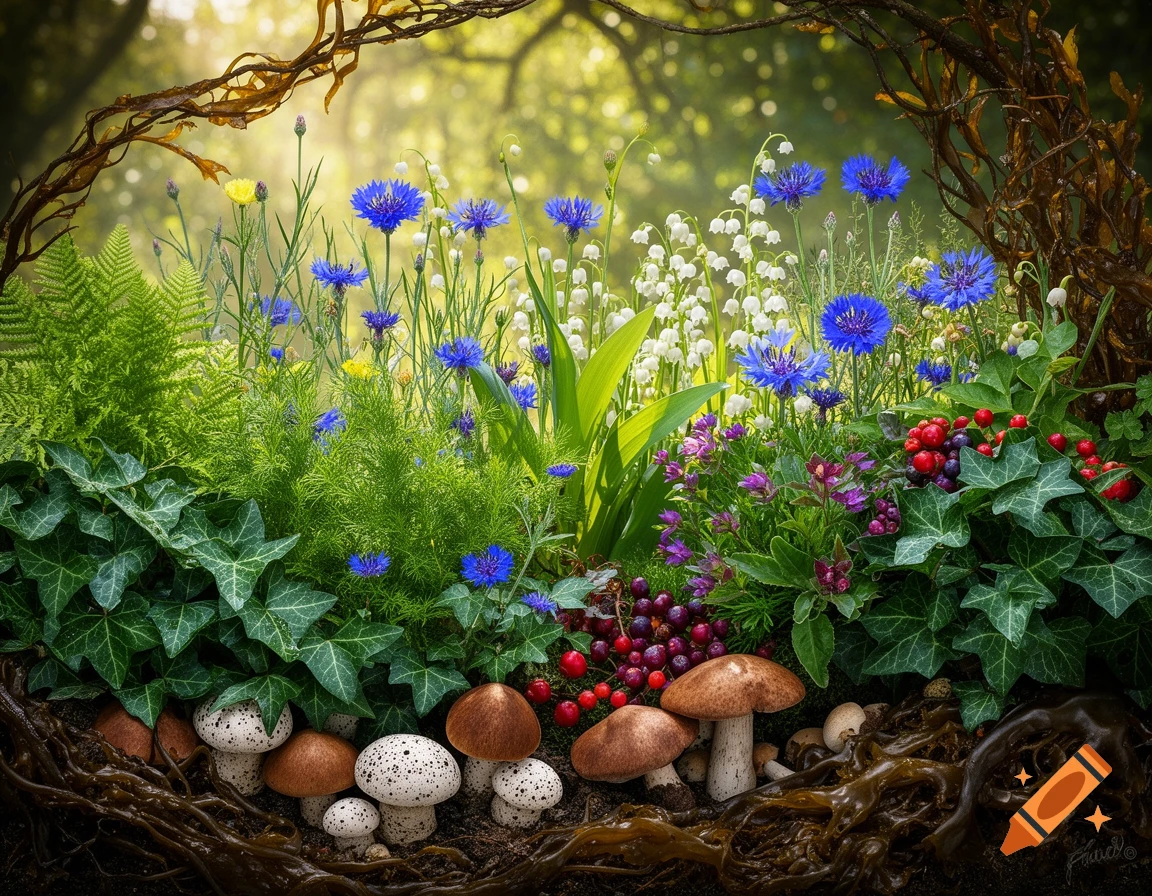 A vibrant close-up of a forest floor with blue cornflowers, white lily of the valley, red berries, and speckled mushrooms framed by roots and seaweed.