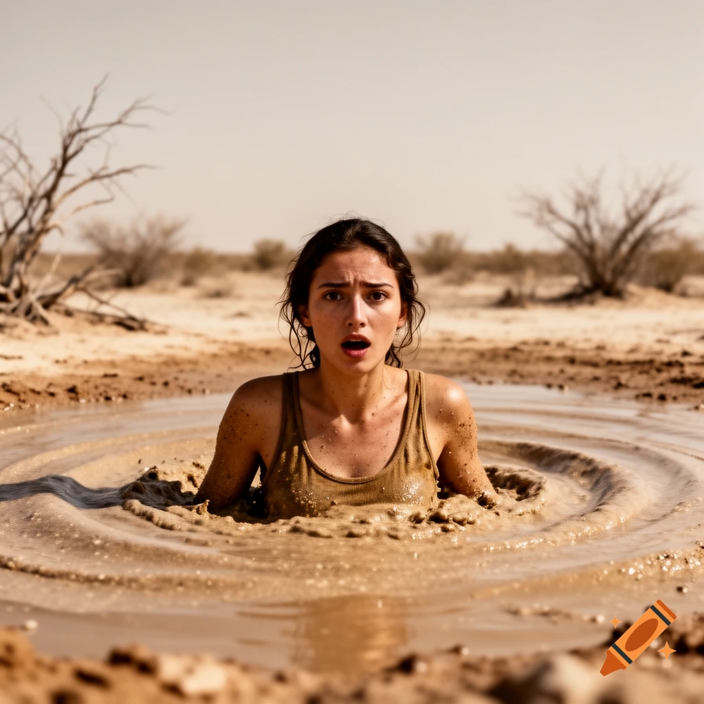 A distressed woman in a tank top sinks into quicksand in a dry, desert-like landscape, looking fearful.