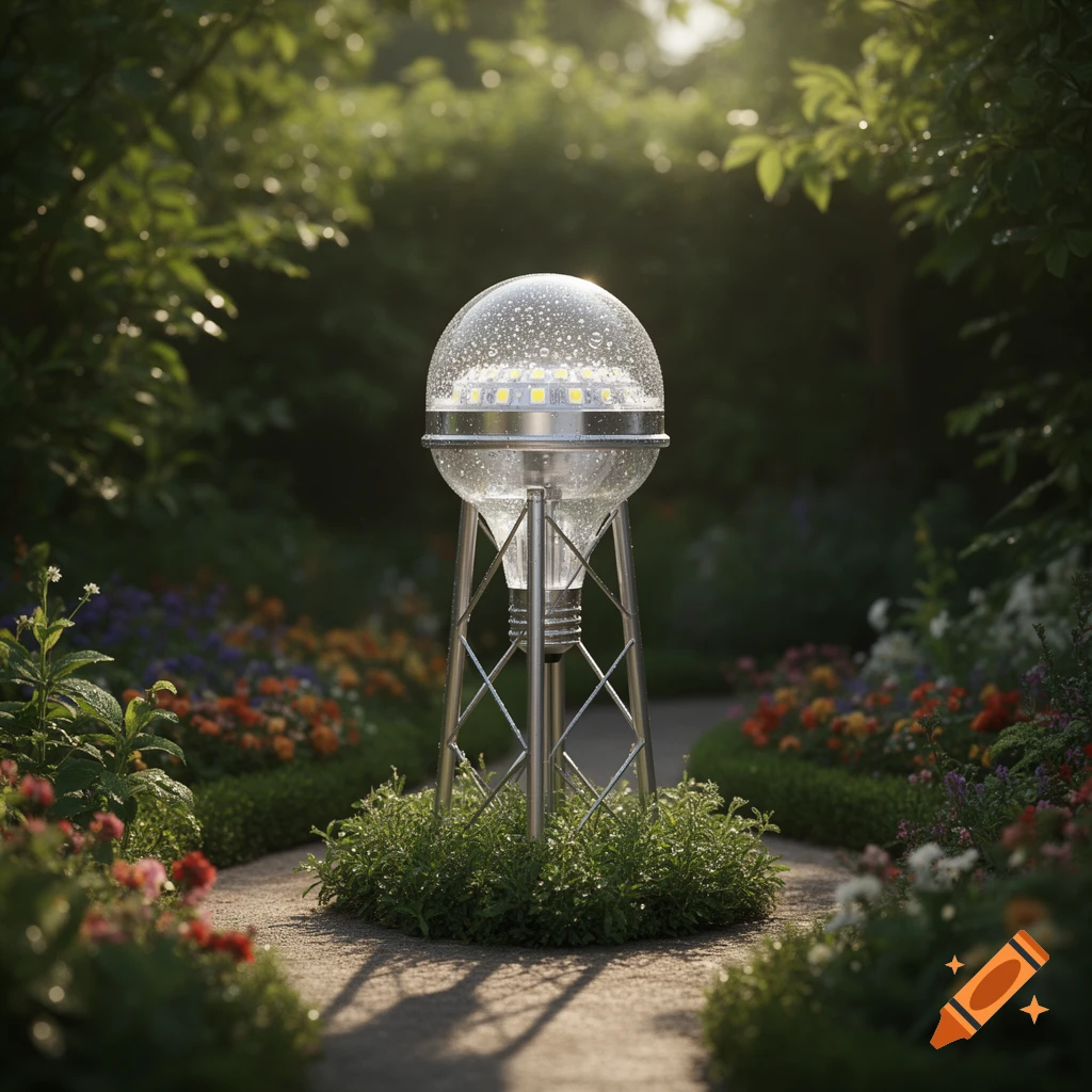 A unique mini LED garden light resembling a water tower, nestled on a path among vibrant flowers and greenery.