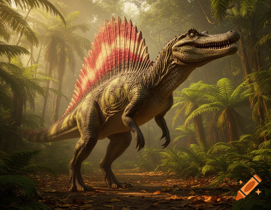 A majestic spinosaurus with a red and white sail on its back stands on a forest path in a misty, lush jungle.