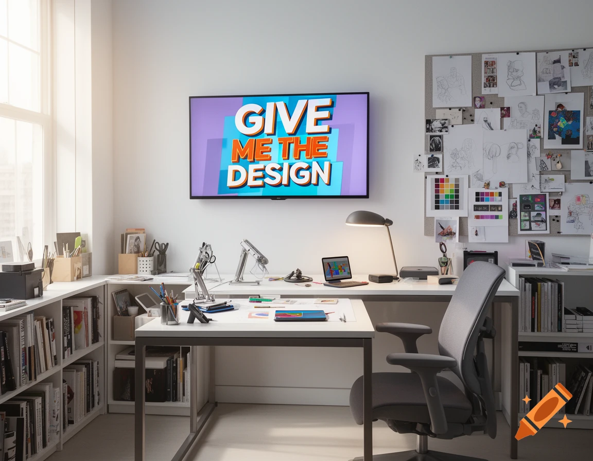 A bright, modern home office with a desk, shelves, a TV displaying 'GIVE ME THE DESIGN,' and a mood board.
