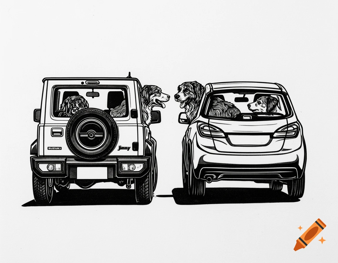 Black and white linocut of two cars, a Suzuki Jimny and another, with dogs peering out their windows, looking at each other.