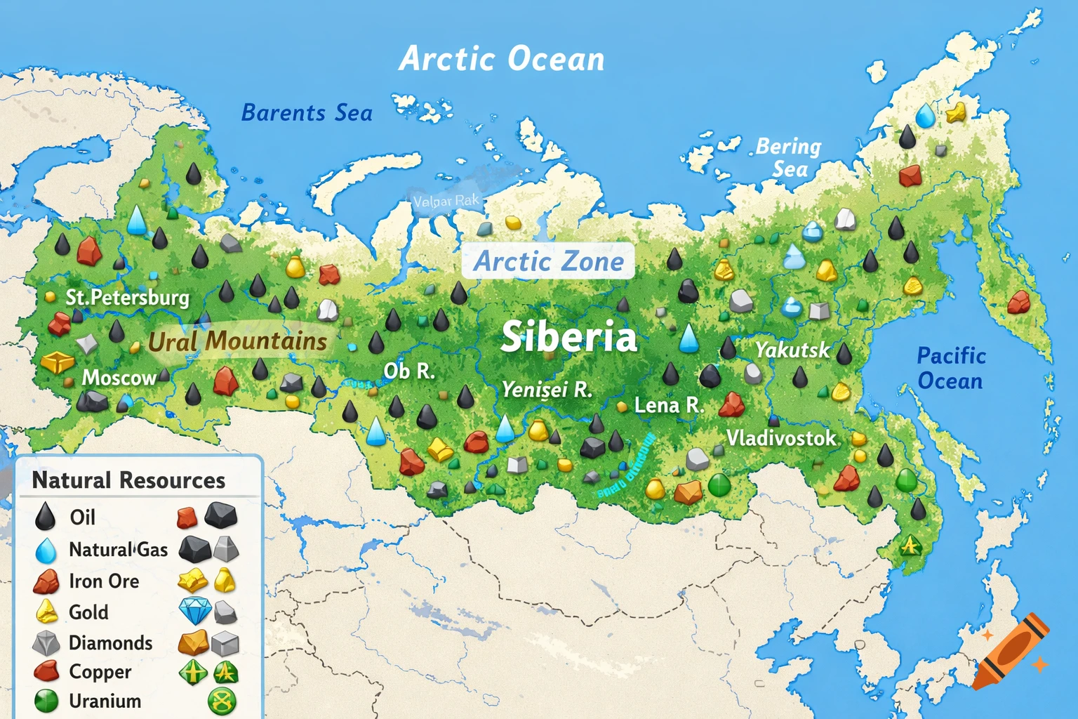 A colorful map of Russia in an infographic style, showing natural resources like oil, gas, gold, and diamonds, with a legend. Major cities, rivers, and regions like Siberia and the Arctic Zone are labeled.