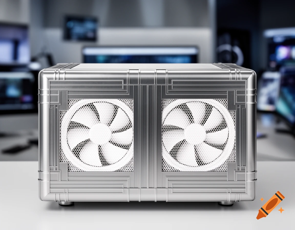 An aluminum Art Deco computer case featuring two white front fans with white mesh.