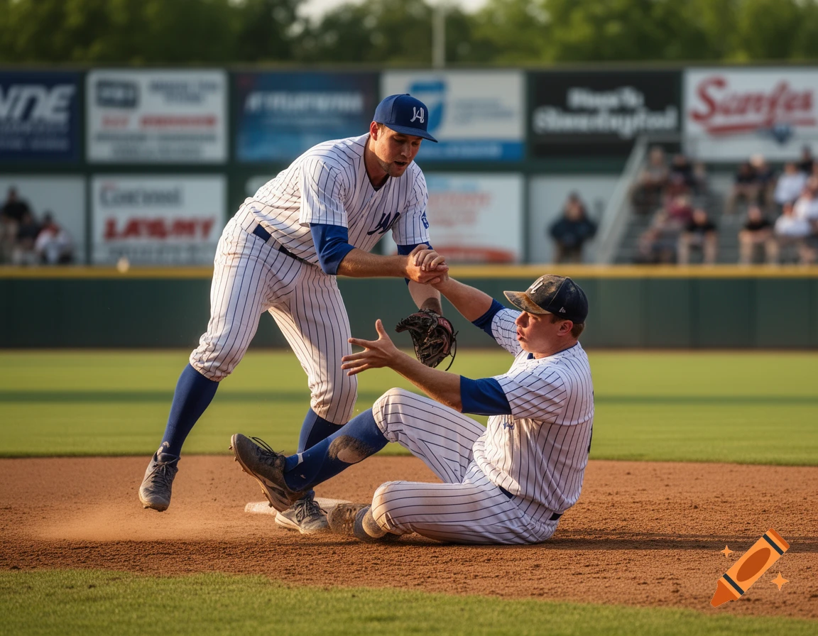 Two baseball players on a dirt field: one slides, the other offers a hand to help, during a game.