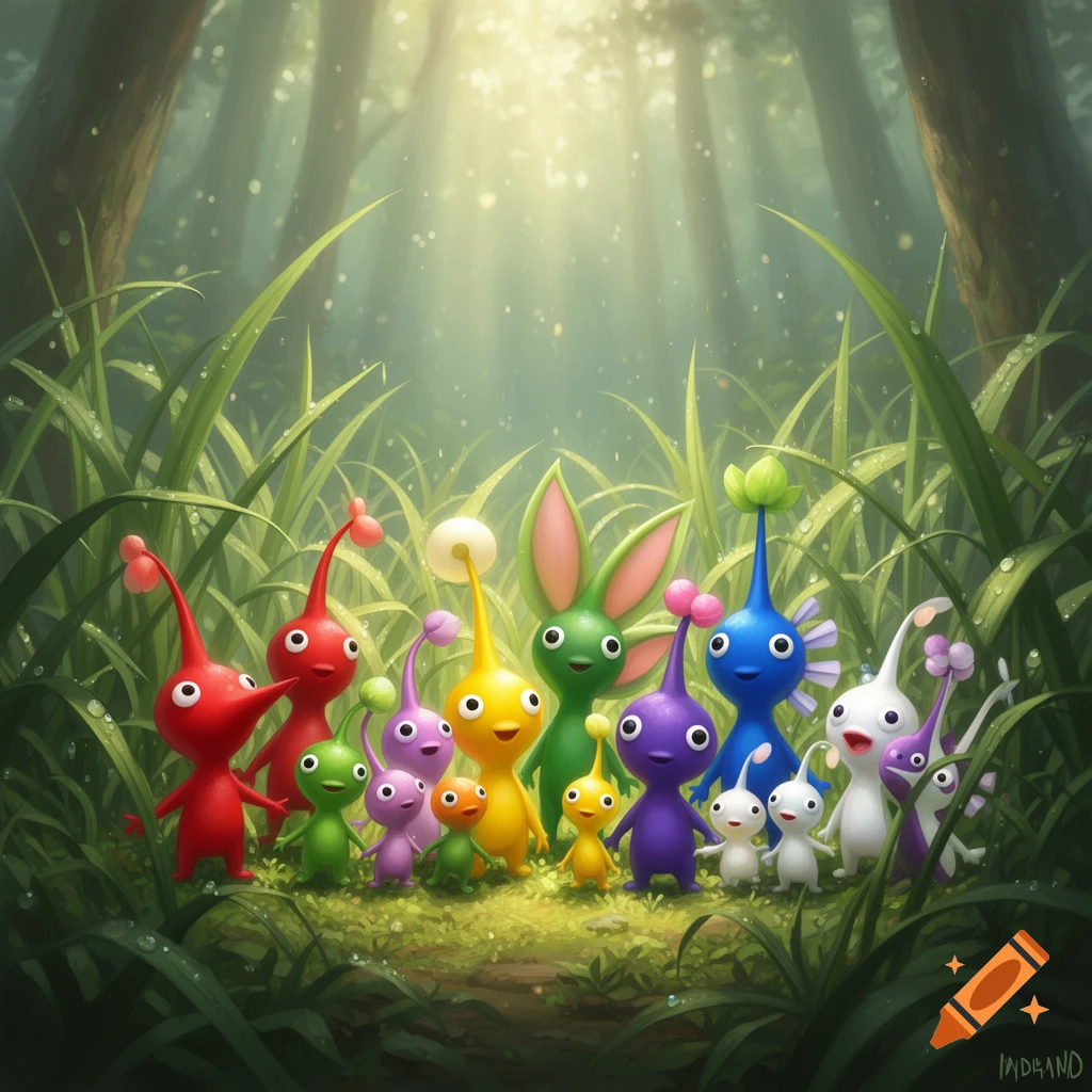 A group of colorful Pikmin characters of various types stand together in a lush, dewy forest with light filtering through the trees.