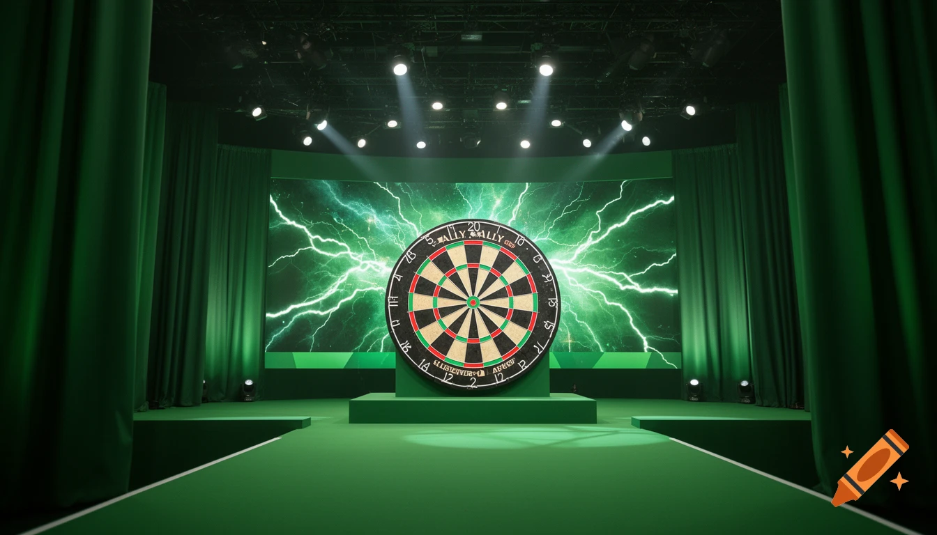A darts stage featuring a dartboard against a vivid green screen displaying lightning bolts, surrounded by green curtains.