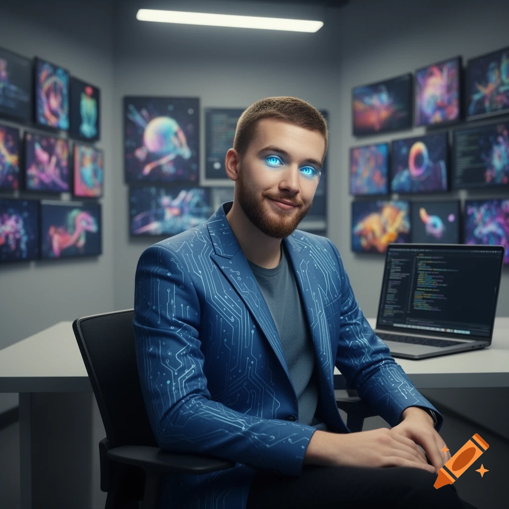 A man with glowing blue eyes and a circuit board patterned suit jacket sits at a desk with a laptop, surrounded by screens.