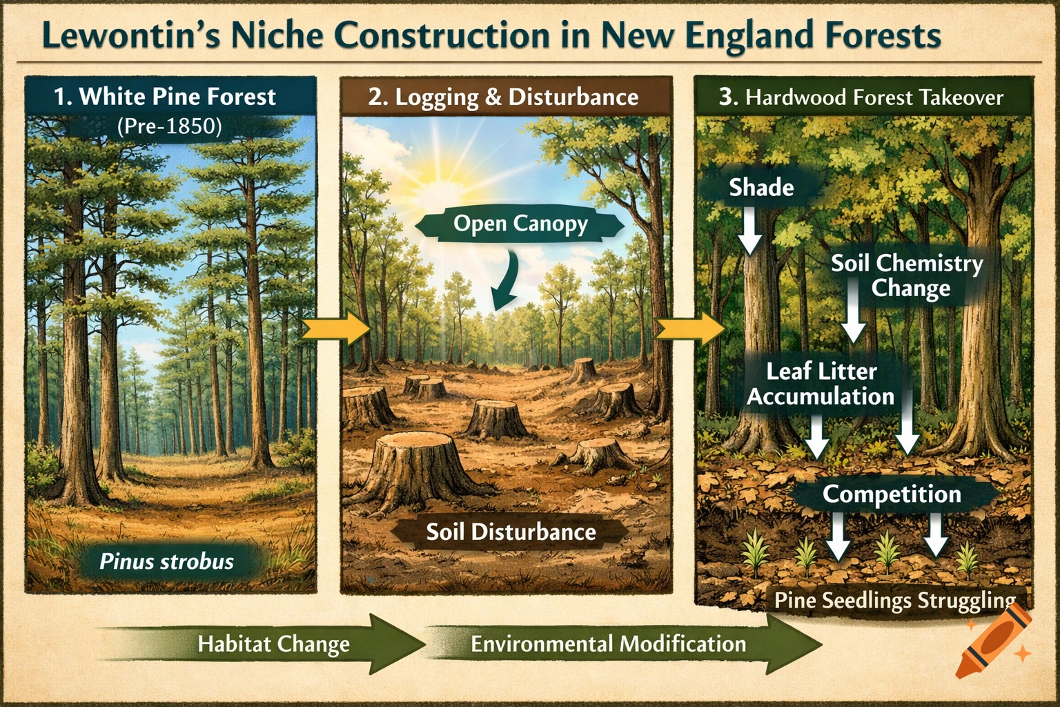 An ecological infographic showing Lewontin's Niche Construction in New England Forests across three panels: White Pine Forest, Logging & Disturbance, and Hardwood Forest Takeover, with labeled processes.