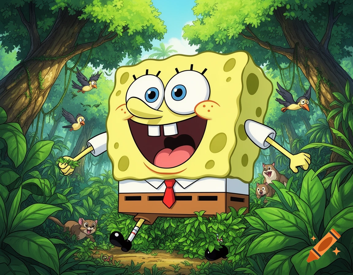 A giant, smiling Spongebob Squarepants character stands in a vibrant, lush jungle with birds flying and small animals.