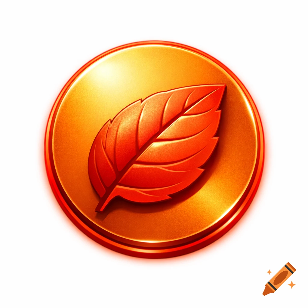 A shiny metallic orange circular logo with a stylized warm red-orange leaf in the center, featuring subtle veins and a soft glow.