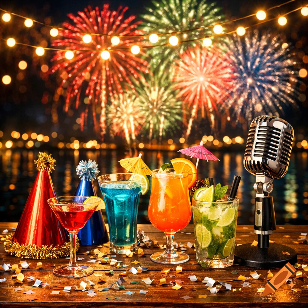 Colorful cocktails, party hats, and a vintage microphone on a wooden table with fireworks and string lights in the night sky.