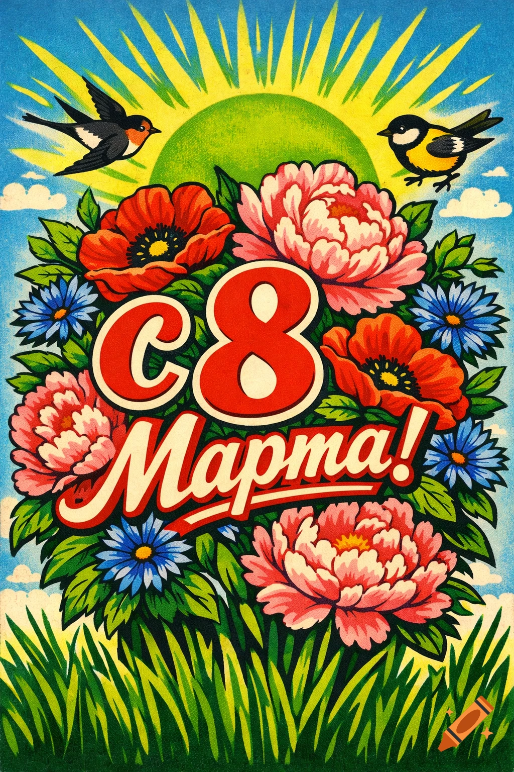 Retro Soviet-style greeting card for March 8, featuring a lush bouquet of flowers, birds, sun, and grass, with 'С 8 Марта!' text.