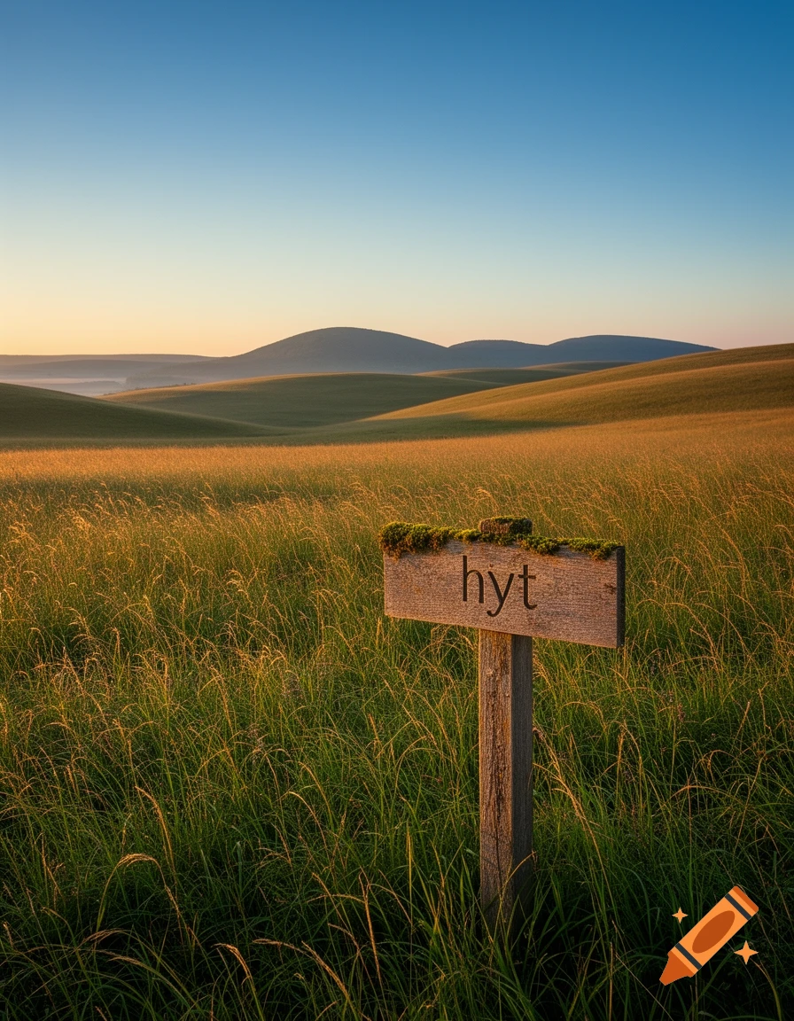 A rustic wooden sign reading "hyt" stands in a golden field of tall grass with rolling hills under a clear blue sky at sunrise or sunset.
