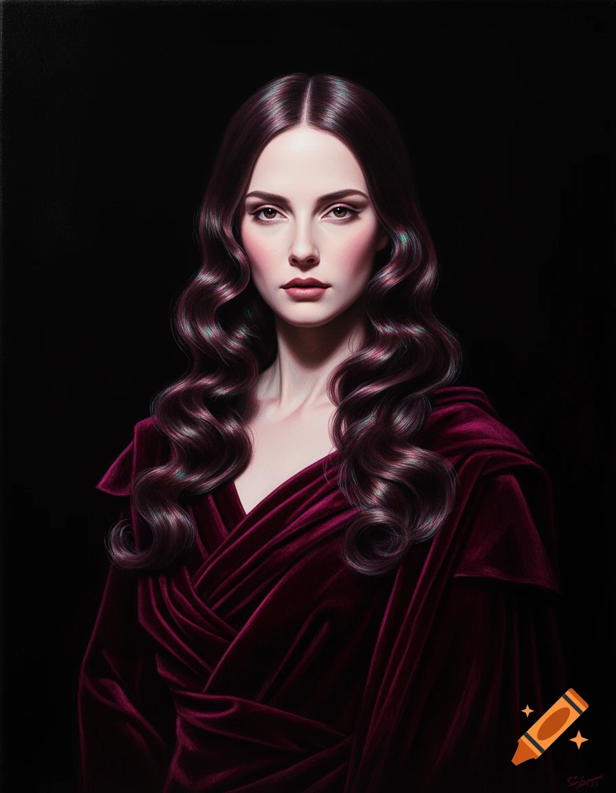 An elegant painting portrait of a woman with long dark wavy hair ...