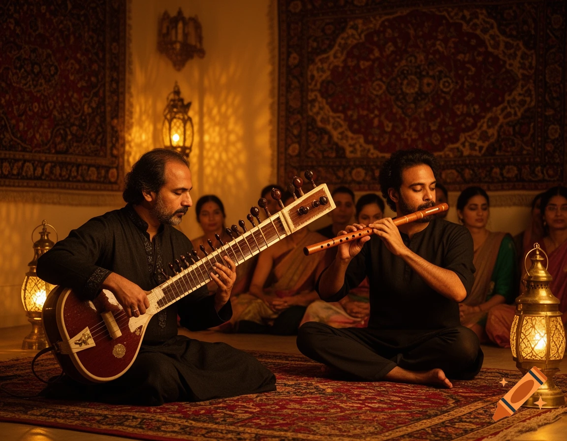 Two men in a warmly lit room, one playing a sitar and the other a flute, performing a duet. Women are seated in the background.