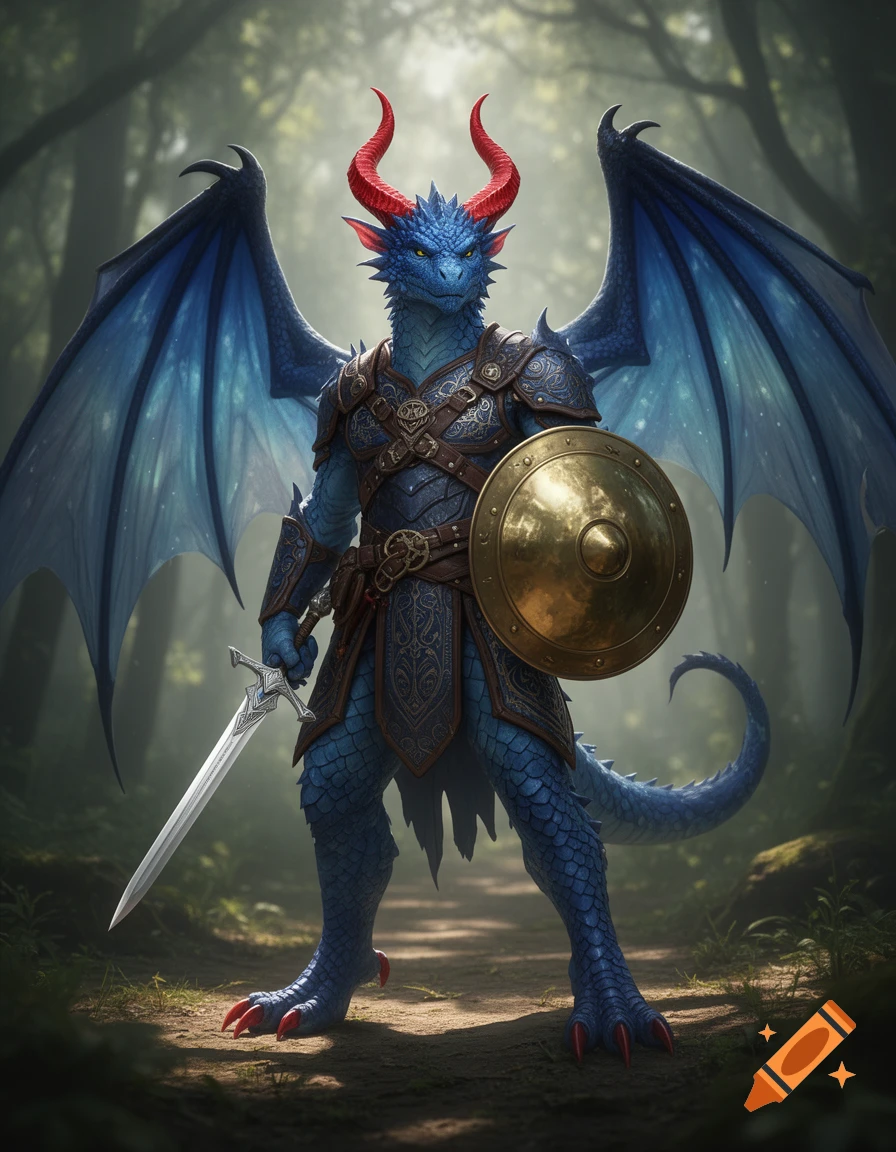 A blue half-dragon warrior with red horns, blue wings, and leather armor stands on a forest path holding a sword and shield.