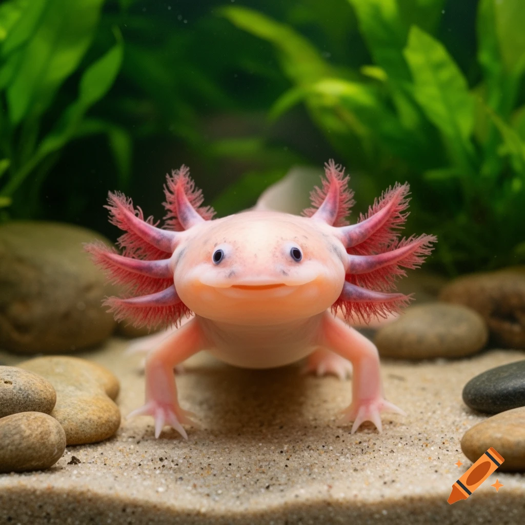 A close-up, photorealistic image of a pink axolotl with feathery red gills, smiling in a sandy aquarium with green plants and rocks.