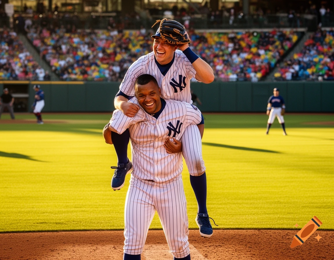 Two smiling baseball players, one giving a piggyback ride to the other on a sunny baseball field during a game.