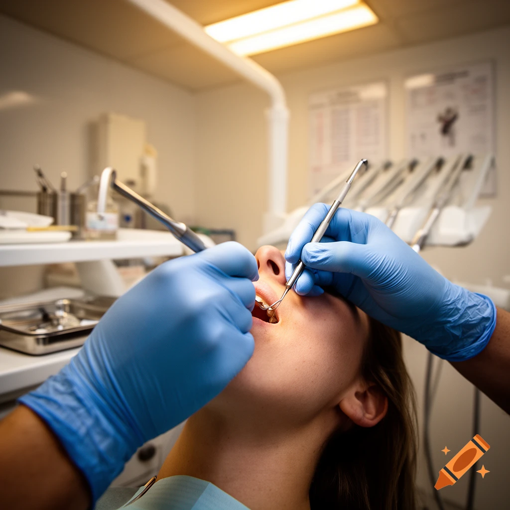 A patient lies back with their mouth open as a dentist's gloved hands use tools during an oral examination in a dental office.