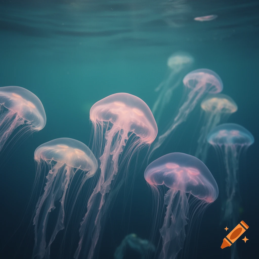 Multiple translucent pinkish-white jellyfish with long tentacles swim gracefully in clear blue-green water.