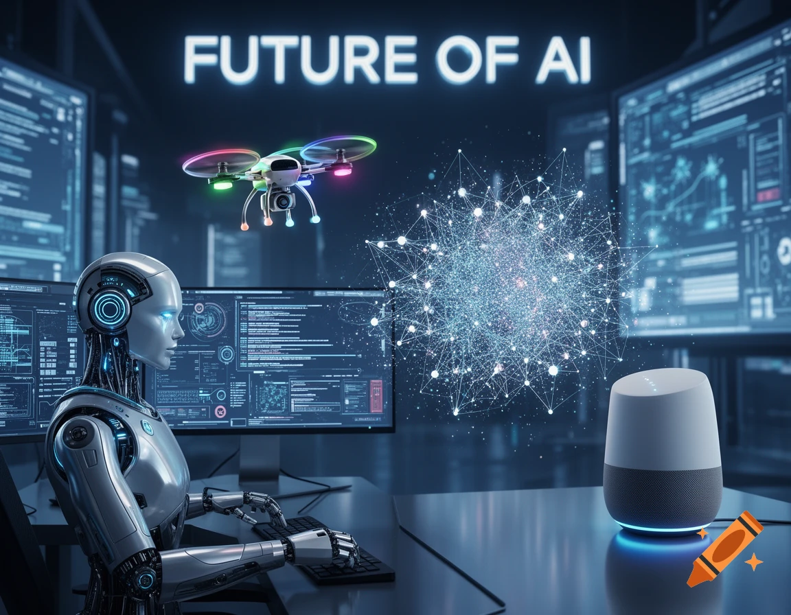 A futuristic scene with a humanoid robot at a computer, a drone flying, and a smart speaker, under glowing 'FUTURE OF AI' text.