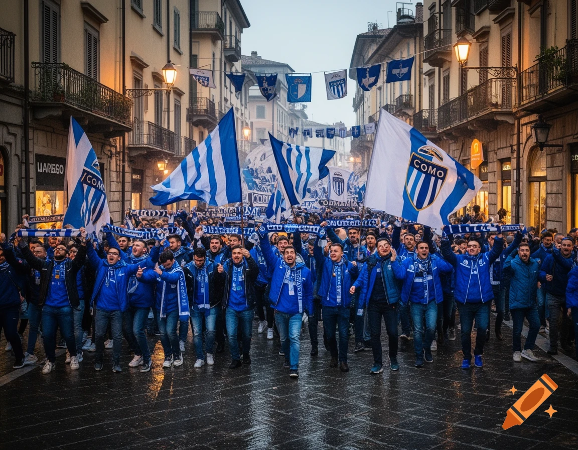 Crowd of football fans in blue jackets and scarves parade down a city street, waving 'COMO' flags.