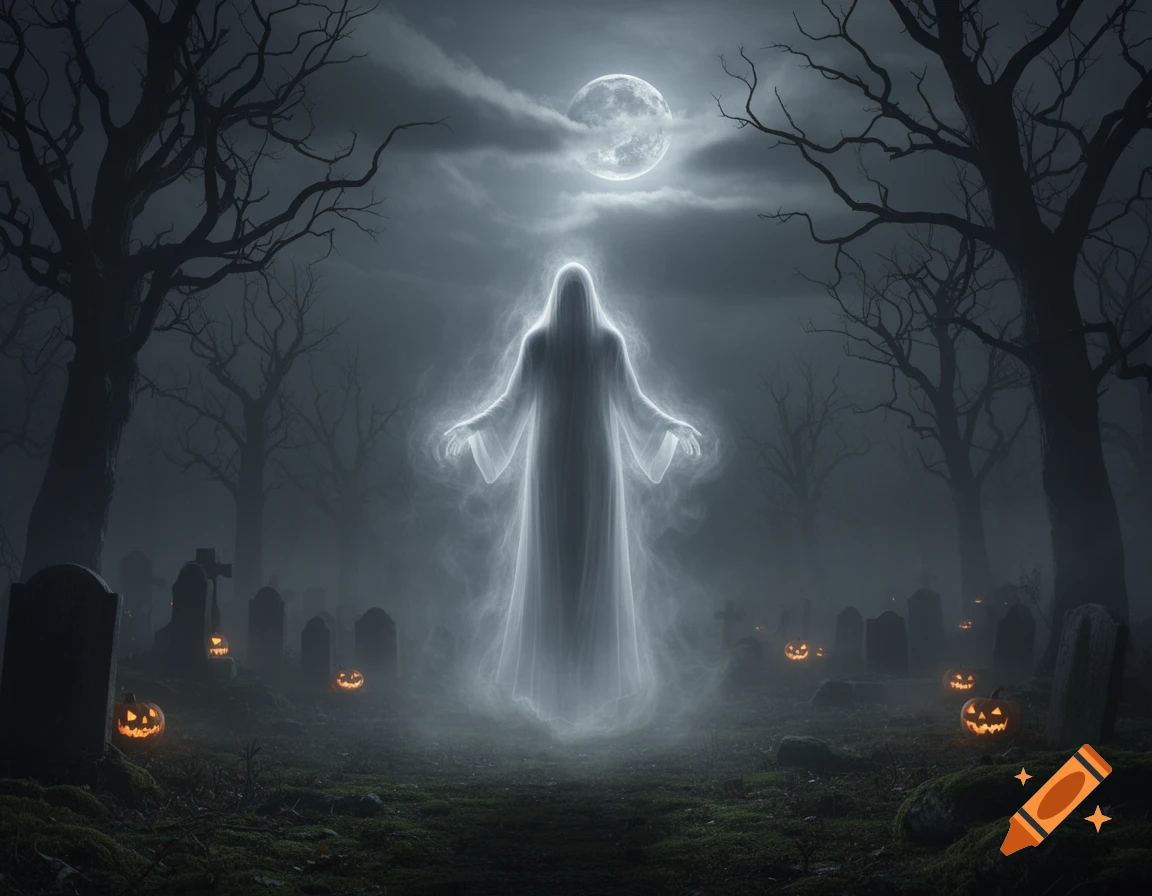 A glowing ghost hovers in a misty graveyard with jack-o'-lanterns and bare trees under a full moon, creating a spooky atmosphere.