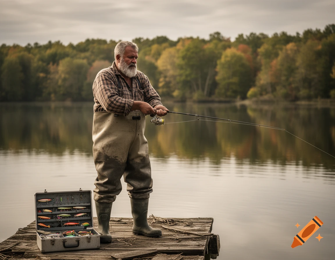 A bearded man in waders stands on a wooden dock, fishing in a calm lake with autumn trees in the background, a tackle box open beside him.