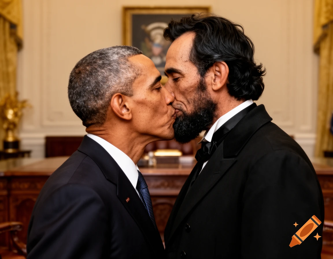 Photorealistic image of Barack Obama and Abraham Lincoln leaning in to kiss each other, with a presidential office in the background.